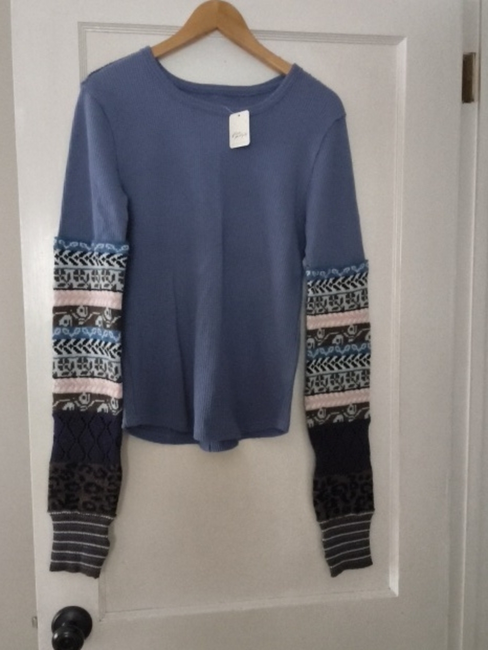 NEW We The Free People Dusty Blue Long-Sleeve Waffle Top W Sweater Sleeves Sz L